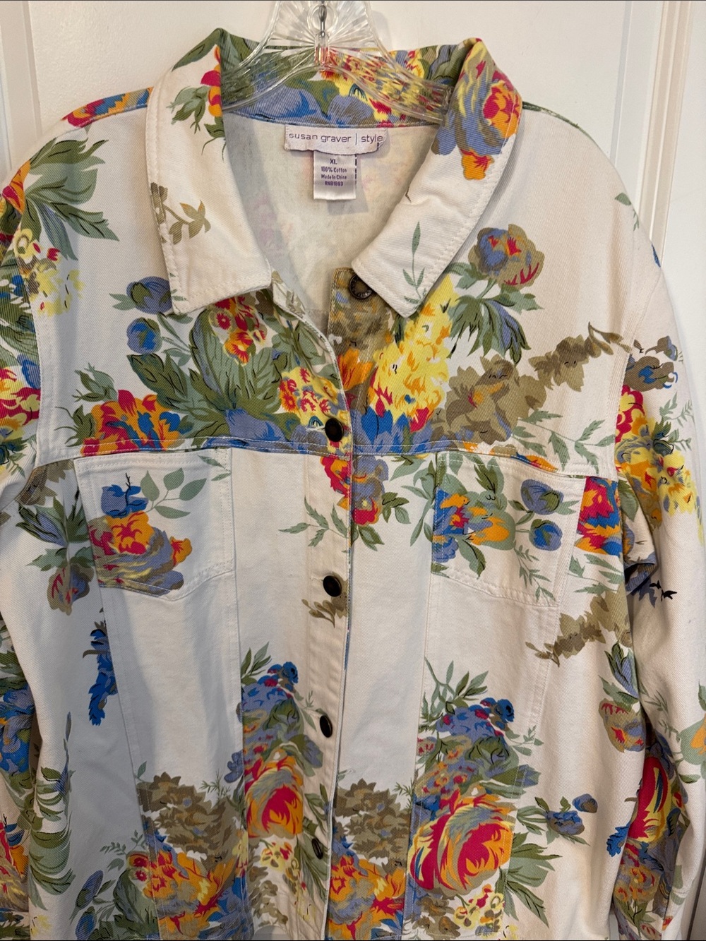 Susan Graver Floral Print Jean Jacket in Cream, Blue, Yellow, Red, Green - Picture 2 of 9